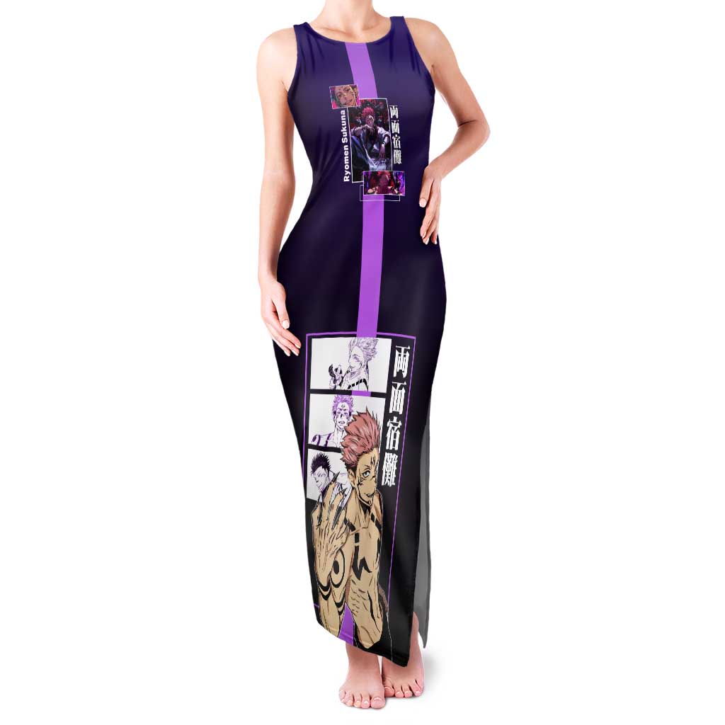 Ryomen Sukuna from Jujutsu Kaisen Tank Maxi Dress with Purple Background and Multiple Poses Design - The Mazicc