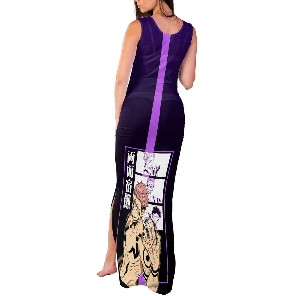 Ryomen Sukuna from Jujutsu Kaisen Tank Maxi Dress with Purple Background and Multiple Poses Design - The Mazicc