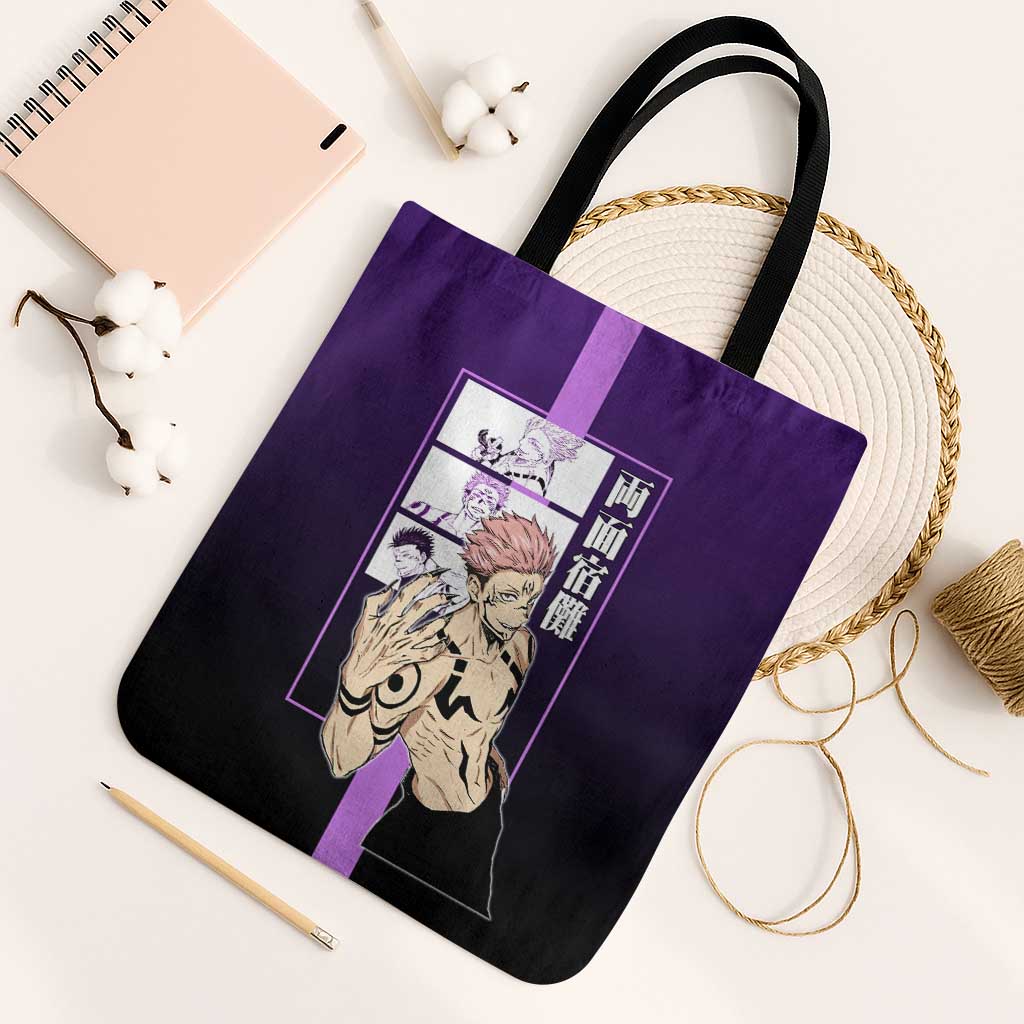 Ryomen Sukuna from Jujutsu Kaisen Tote Bag with Purple Background and Multiple Poses Design - The Mazicc