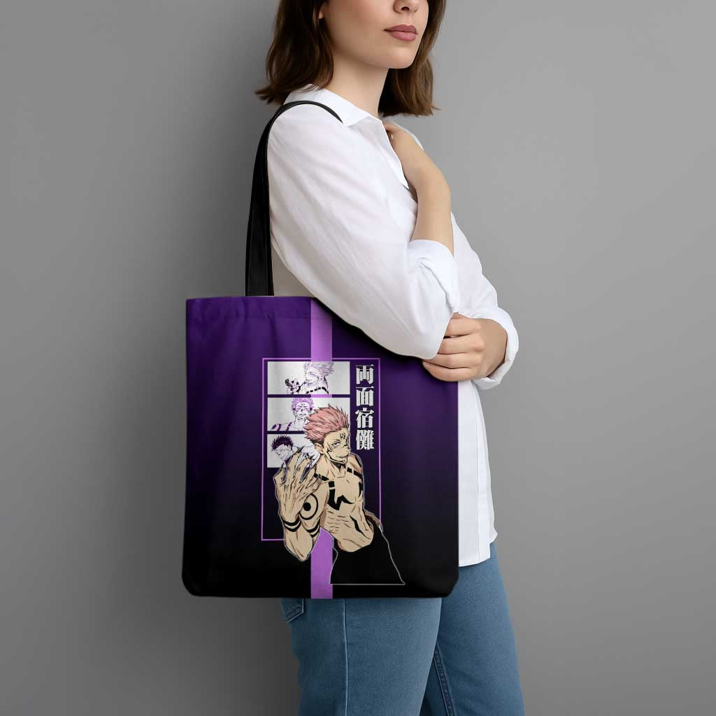 Ryomen Sukuna from Jujutsu Kaisen Tote Bag with Purple Background and Multiple Poses Design - The Mazicc
