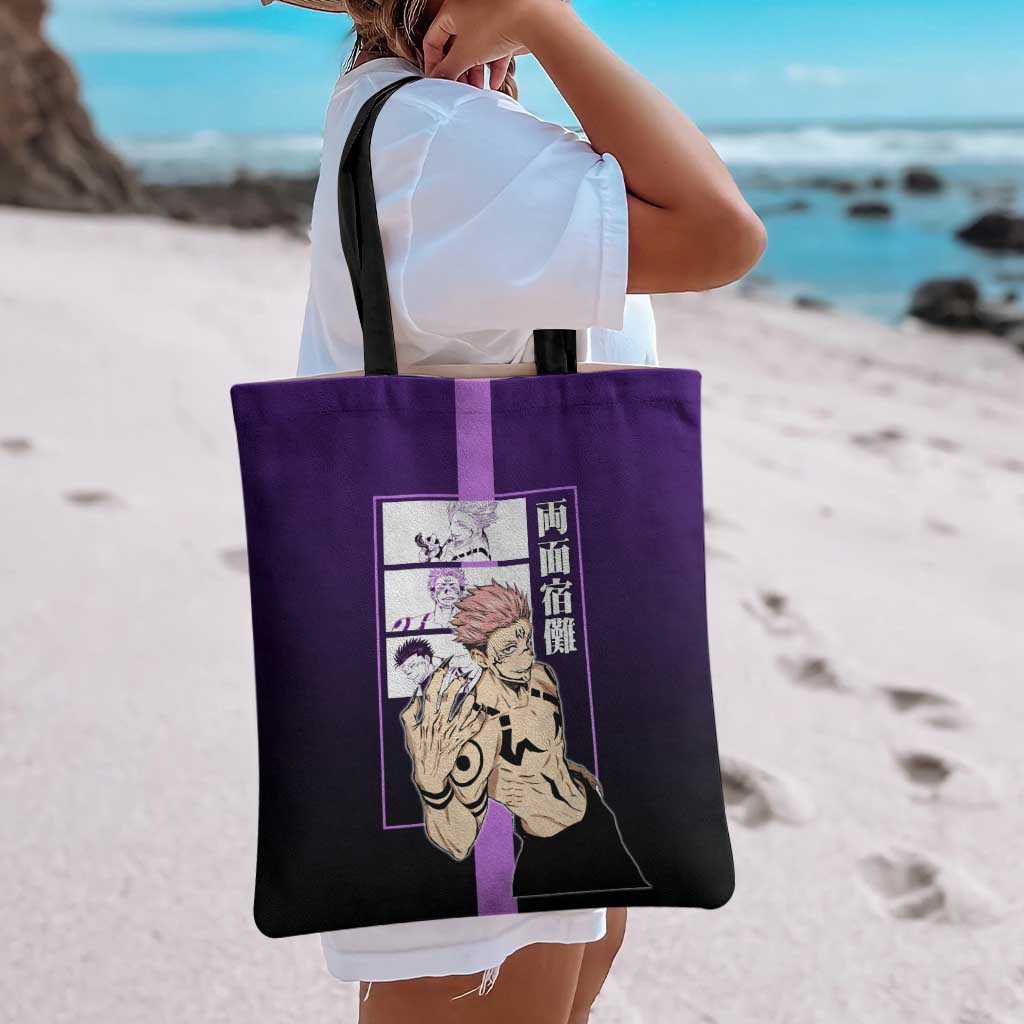 Ryomen Sukuna from Jujutsu Kaisen Tote Bag with Purple Background and Multiple Poses Design - The Mazicc