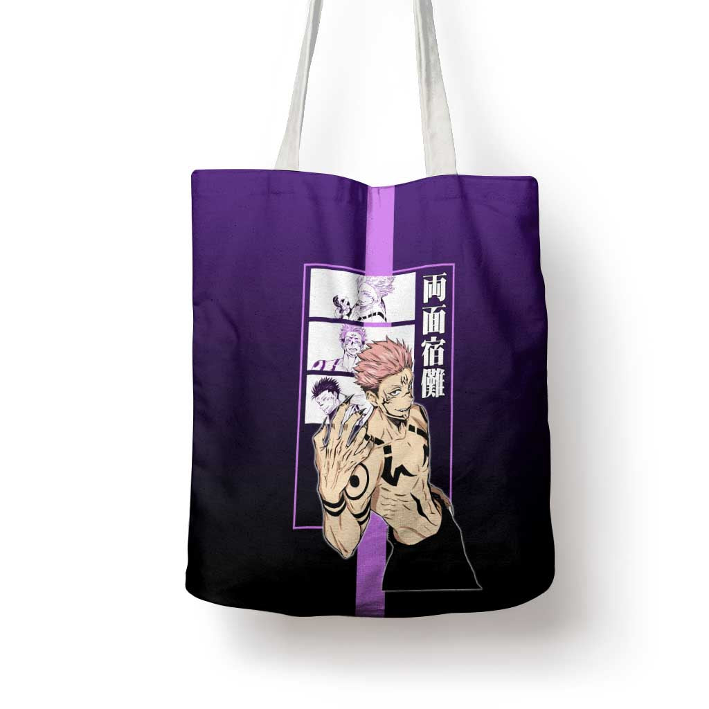 Ryomen Sukuna from Jujutsu Kaisen Tote Bag with Purple Background and Multiple Poses Design - The Mazicc