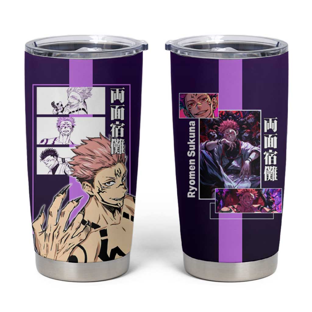 Ryomen Sukuna from Jujutsu Kaisen Tumbler Cup with Purple Background and Multiple Poses Design - The Mazicc