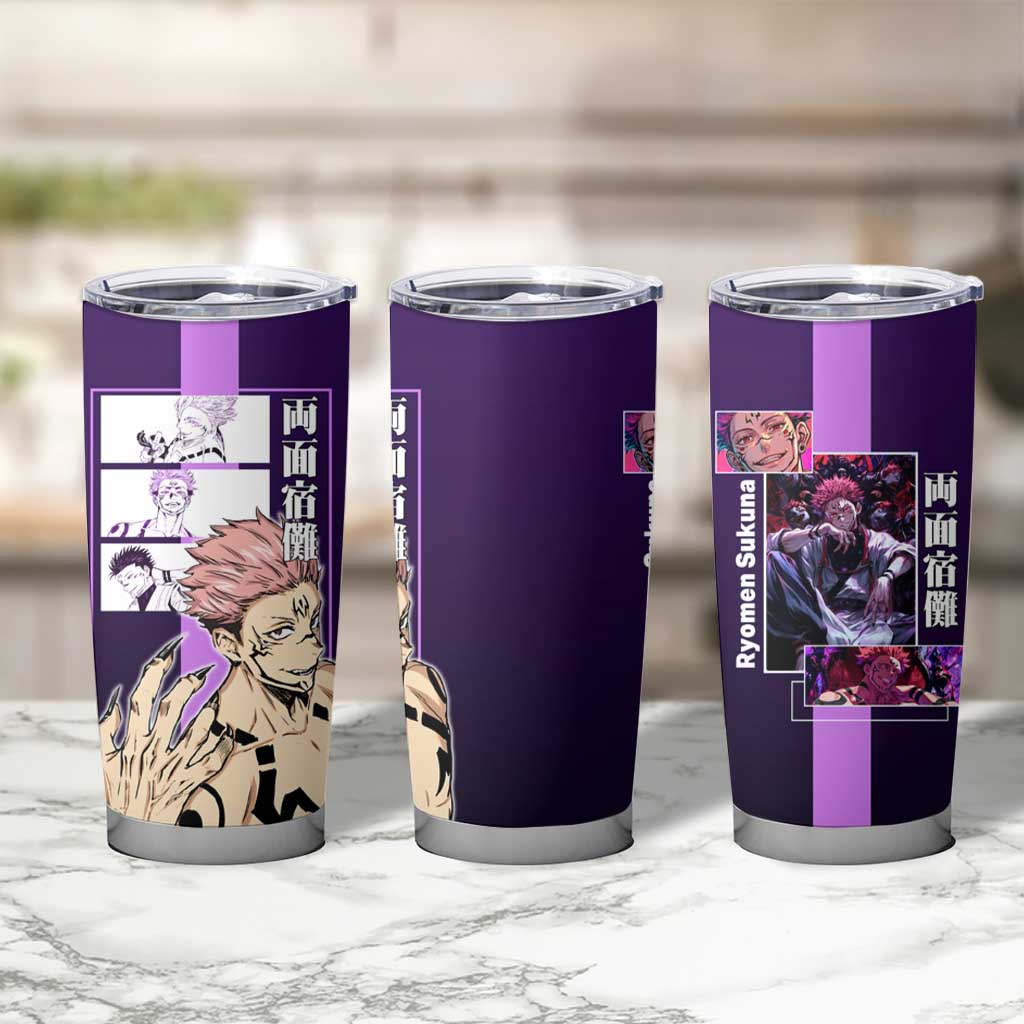 Ryomen Sukuna from Jujutsu Kaisen Tumbler Cup with Purple Background and Multiple Poses Design - The Mazicc
