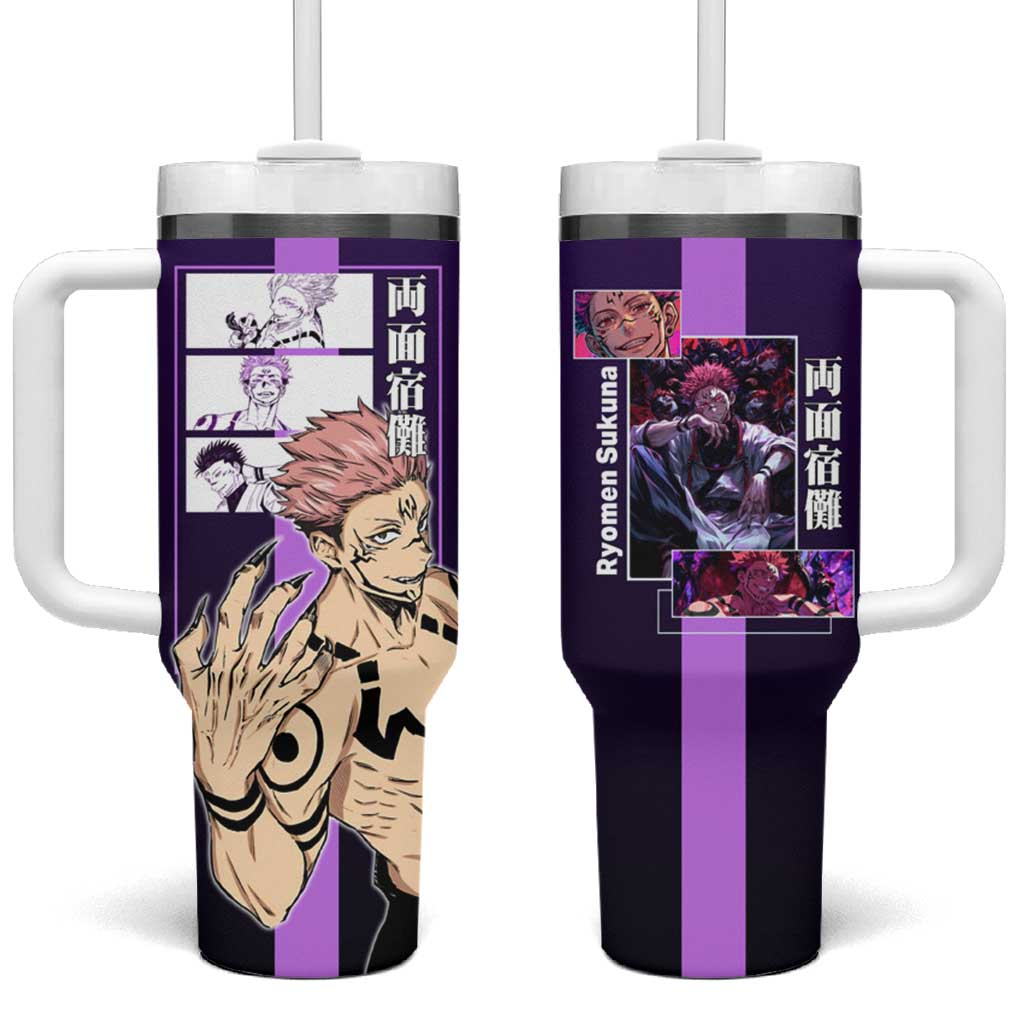 Ryomen Sukuna from Jujutsu Kaisen Tumbler With Handle with Purple Background and Multiple Poses Design - The Mazicc