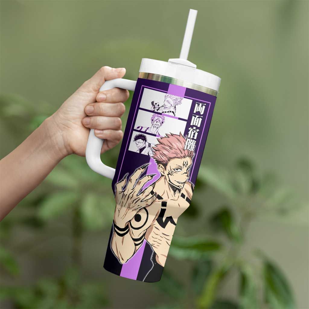 Ryomen Sukuna from Jujutsu Kaisen Tumbler With Handle with Purple Background and Multiple Poses Design - The Mazicc
