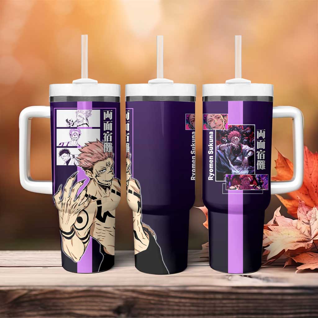 Ryomen Sukuna from Jujutsu Kaisen Tumbler With Handle with Purple Background and Multiple Poses Design - The Mazicc
