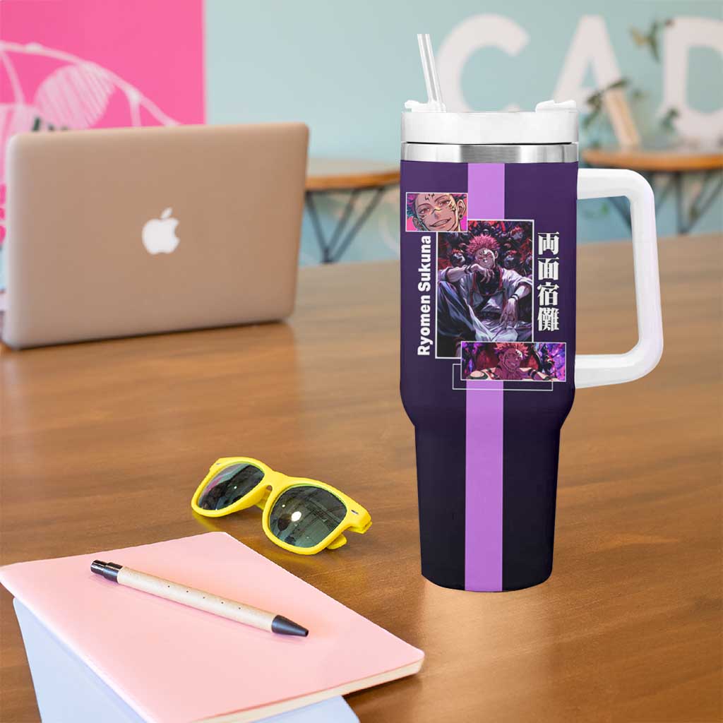 Ryomen Sukuna from Jujutsu Kaisen Tumbler With Handle with Purple Background and Multiple Poses Design - The Mazicc