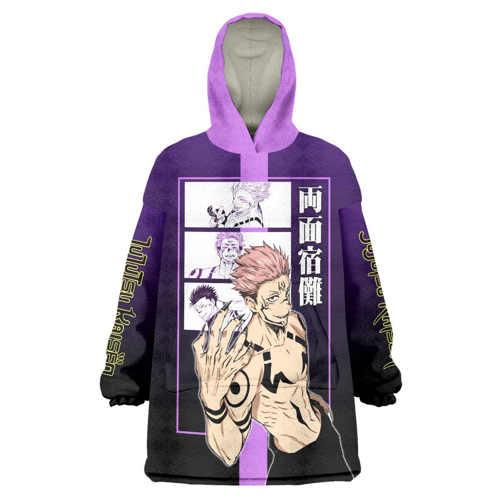 Ryomen Sukuna from Jujutsu Kaisen Wearable Blanket Hoodie with Purple Background and Multiple Poses Design - The Mazicc