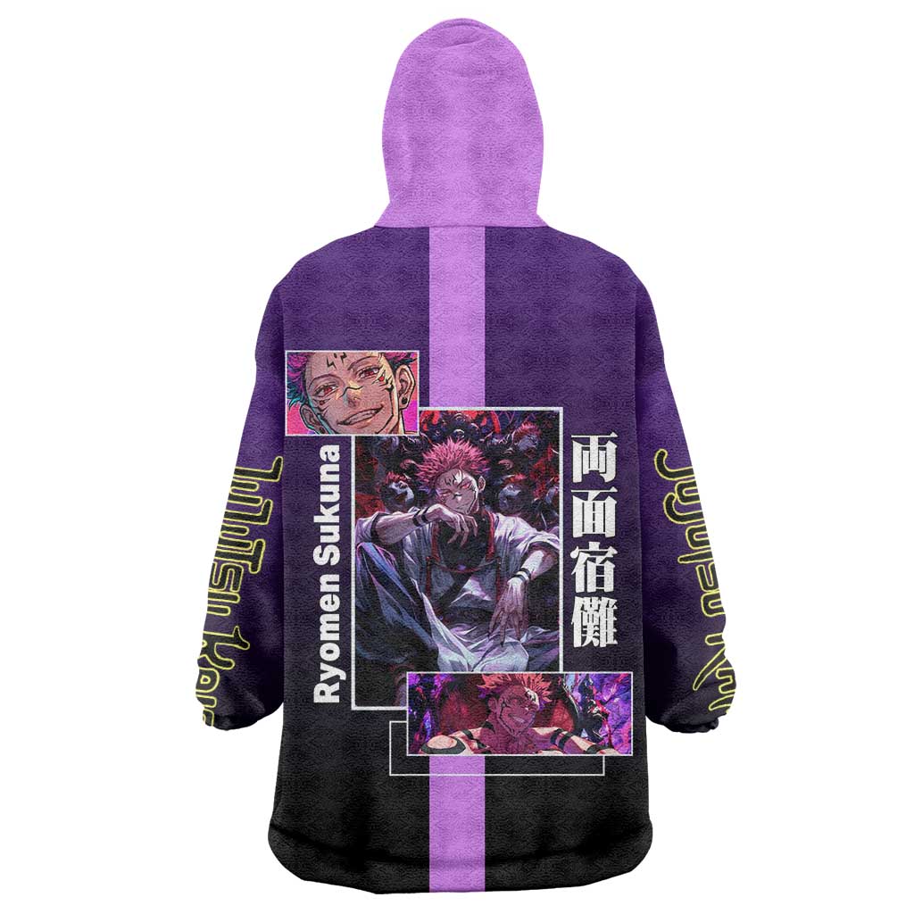 Ryomen Sukuna from Jujutsu Kaisen Wearable Blanket Hoodie with Purple Background and Multiple Poses Design - The Mazicc