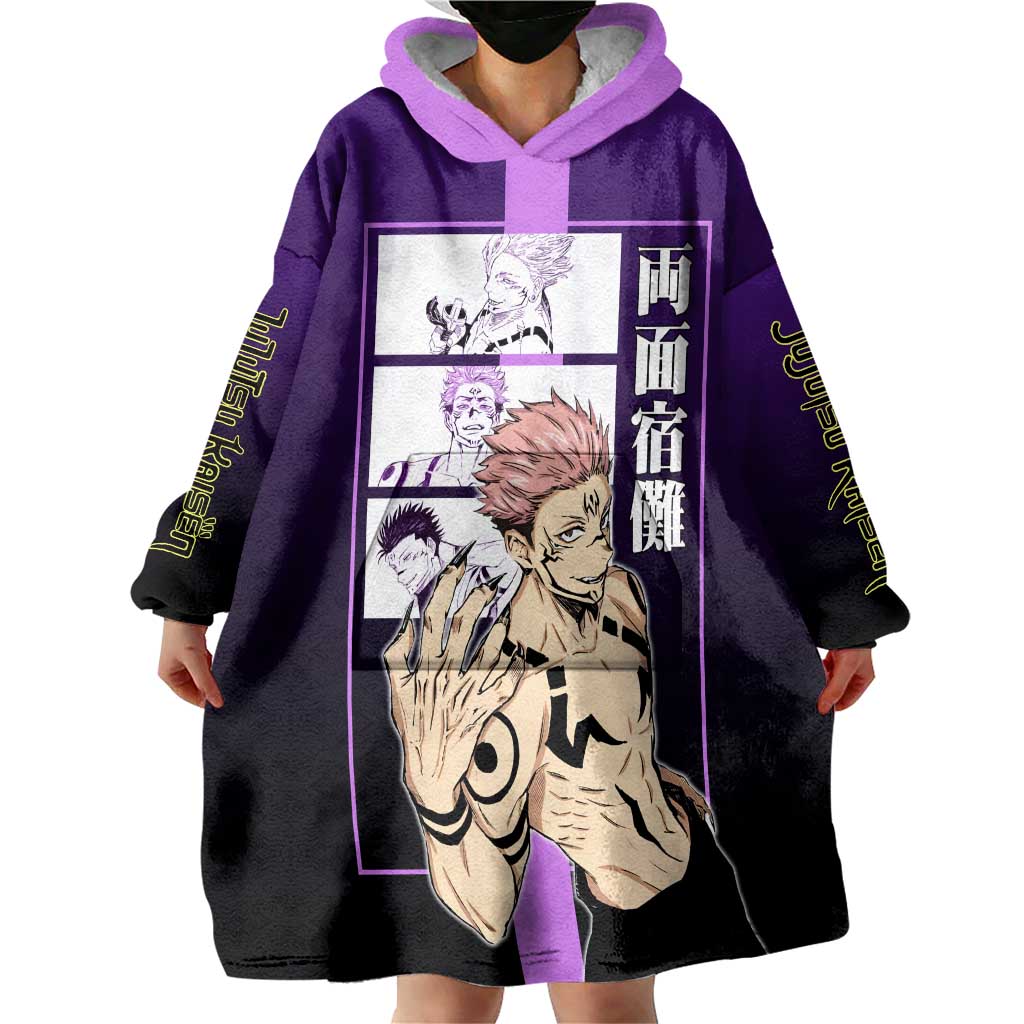 Ryomen Sukuna from Jujutsu Kaisen Wearable Blanket Hoodie with Purple Background and Multiple Poses Design - The Mazicc