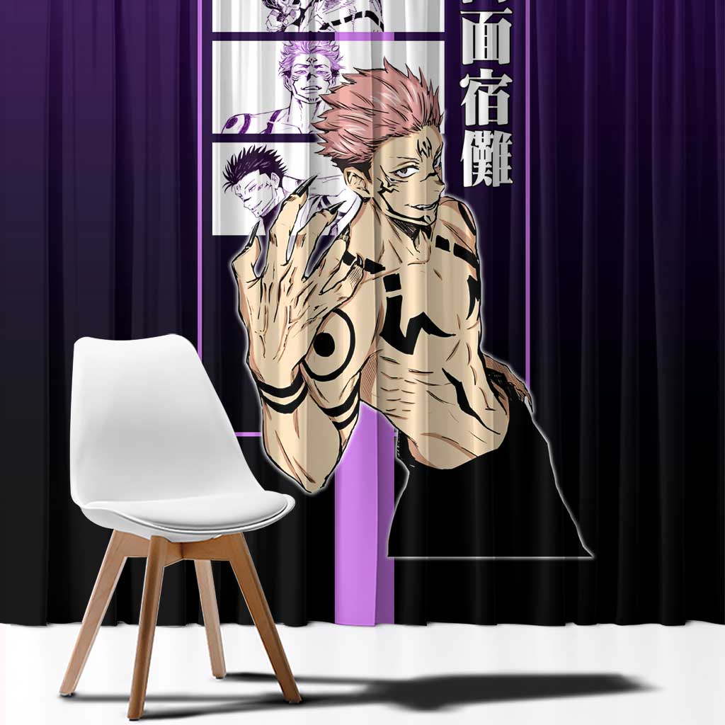 Ryomen Sukuna from Jujutsu Kaisen Window Curtain with Purple Background and Multiple Poses Design - The Mazicc