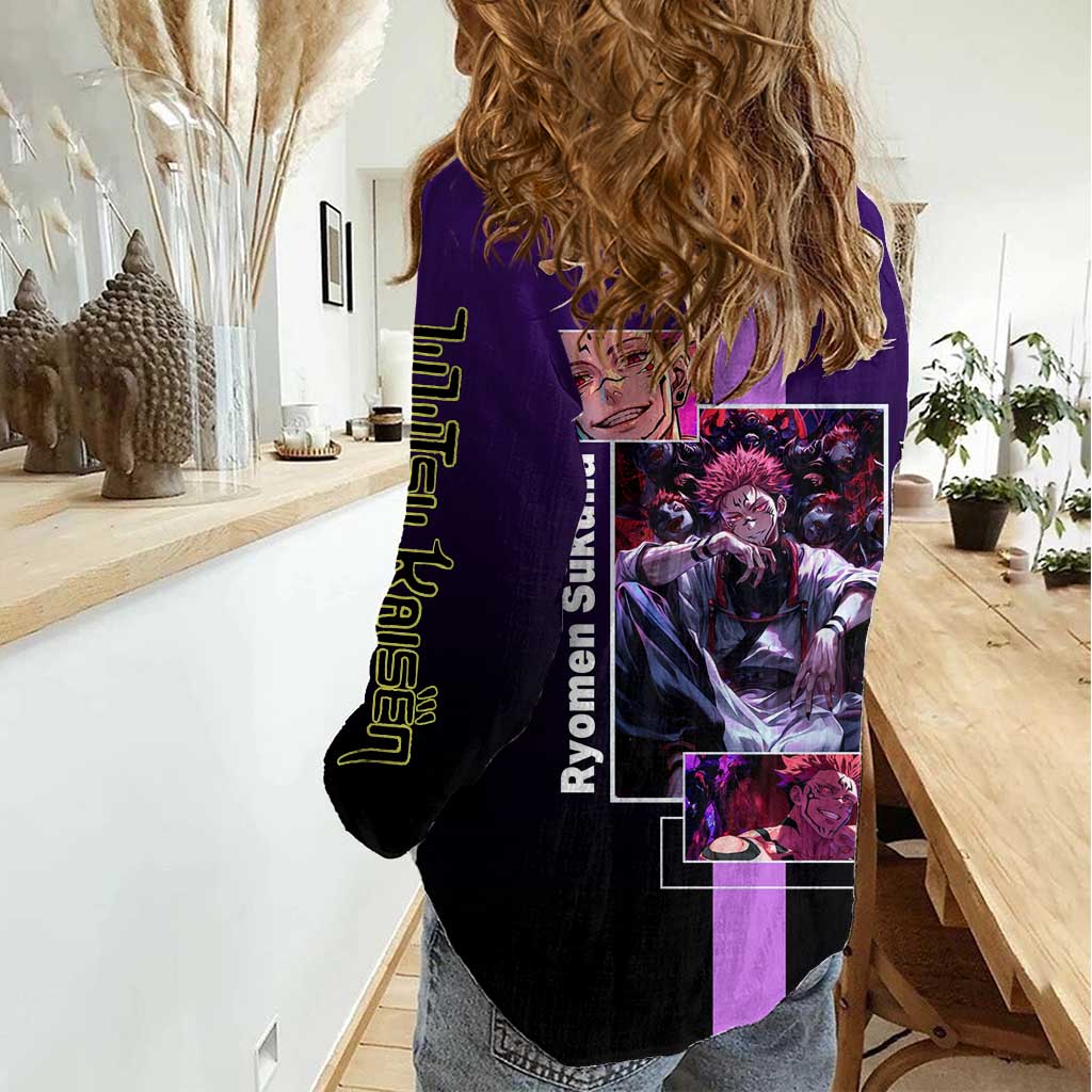 Ryomen Sukuna from Jujutsu Kaisen Women Casual Shirt with Purple Background and Multiple Poses Design - The Mazicc