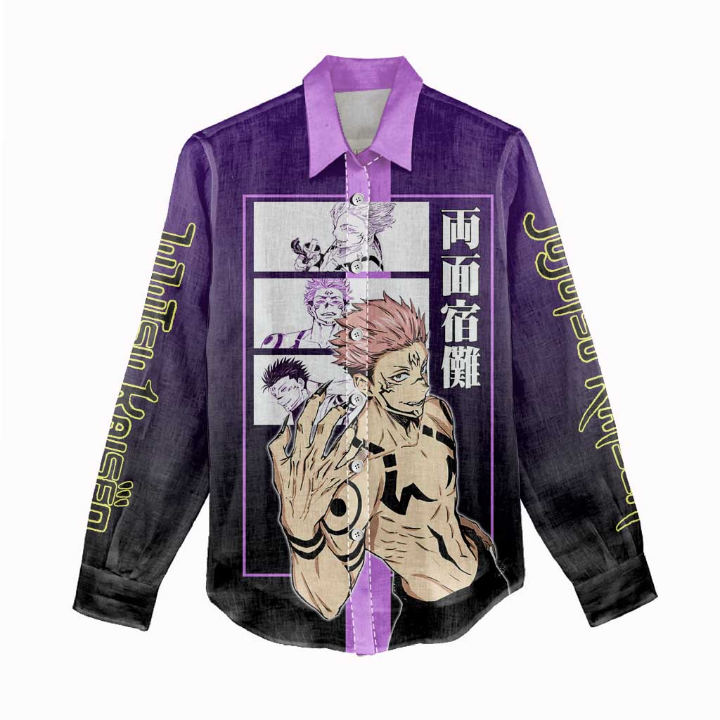 Ryomen Sukuna from Jujutsu Kaisen Women Casual Shirt with Purple Background and Multiple Poses Design - The Mazicc