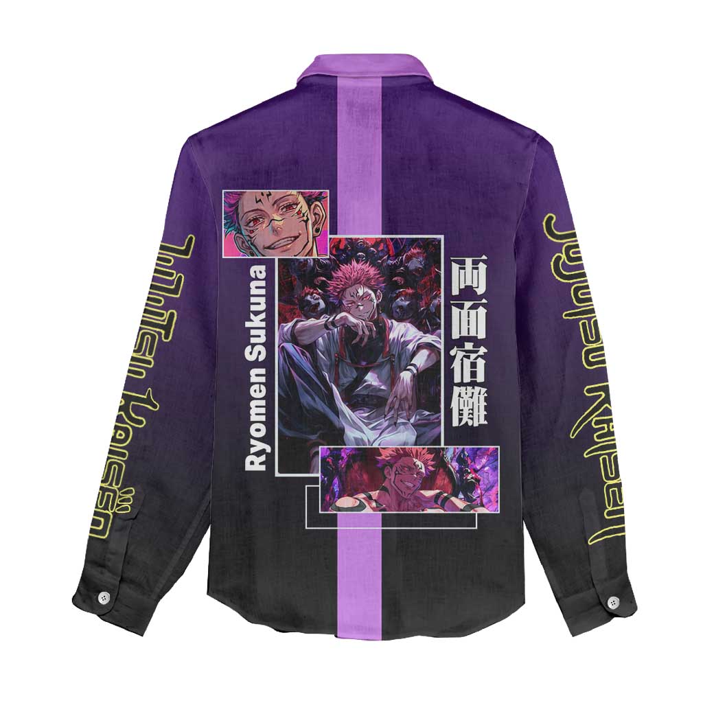Ryomen Sukuna from Jujutsu Kaisen Women Casual Shirt with Purple Background and Multiple Poses Design - The Mazicc