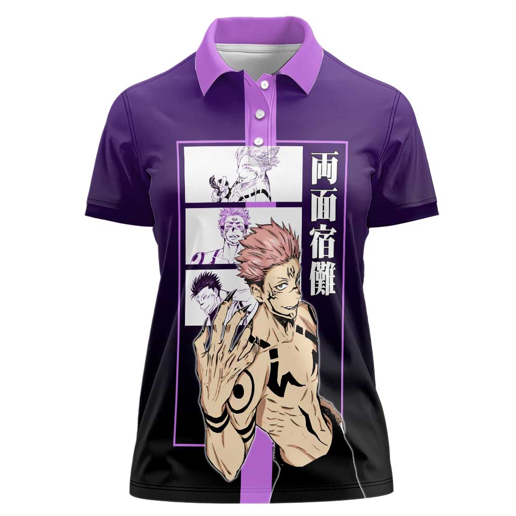 Ryomen Sukuna from Jujutsu Kaisen Women Polo Shirt with Purple Background and Multiple Poses Design - The Mazicc