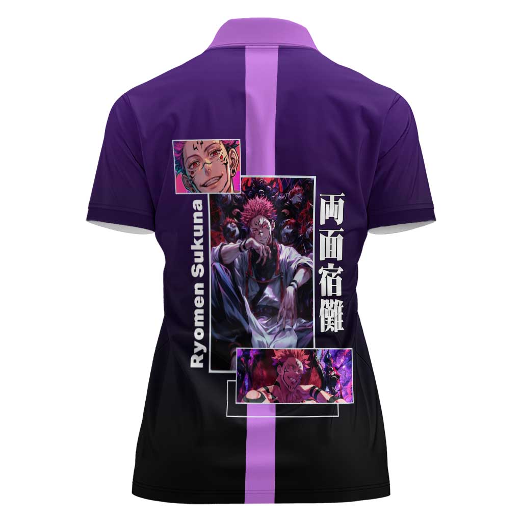 Ryomen Sukuna from Jujutsu Kaisen Women Polo Shirt with Purple Background and Multiple Poses Design - The Mazicc