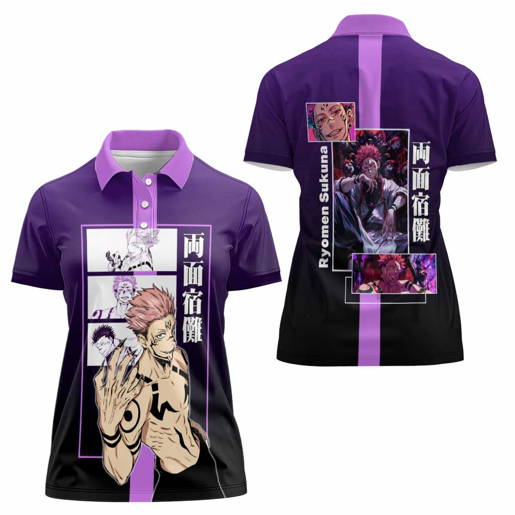 Ryomen Sukuna from Jujutsu Kaisen Women Polo Shirt with Purple Background and Multiple Poses Design - The Mazicc