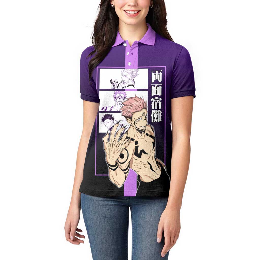 Ryomen Sukuna from Jujutsu Kaisen Women Polo Shirt with Purple Background and Multiple Poses Design - The Mazicc