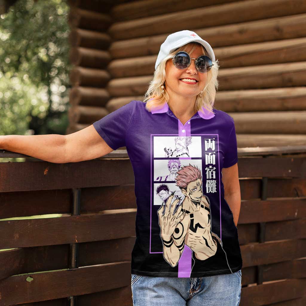 Ryomen Sukuna from Jujutsu Kaisen Women Polo Shirt with Purple Background and Multiple Poses Design - The Mazicc