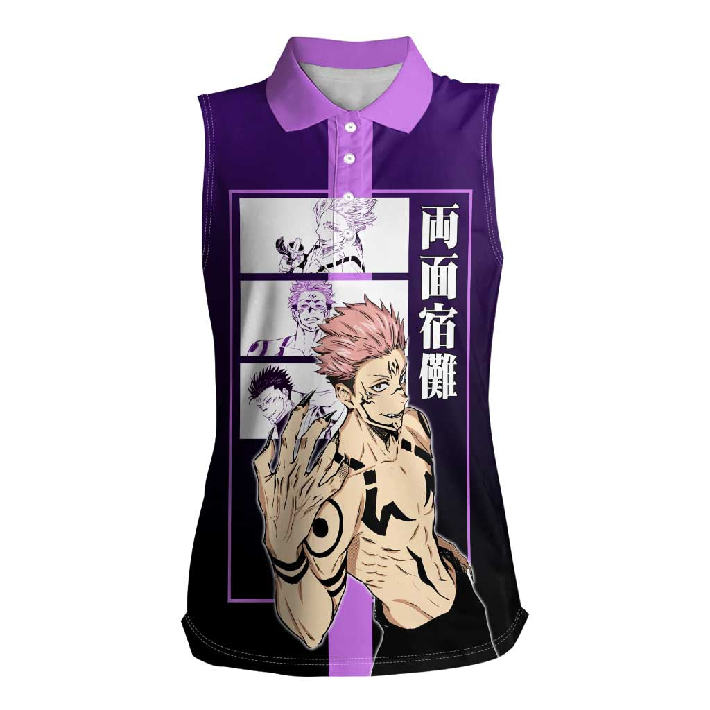 Ryomen Sukuna from Jujutsu Kaisen Women Sleeveless Polo Shirt with Purple Background and Multiple Poses Design - The Mazicc
