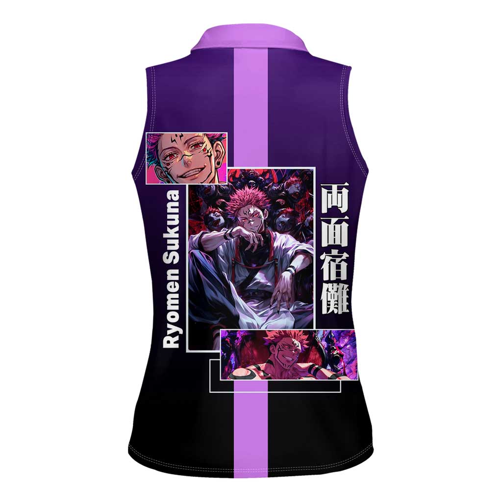Ryomen Sukuna from Jujutsu Kaisen Women Sleeveless Polo Shirt with Purple Background and Multiple Poses Design - The Mazicc