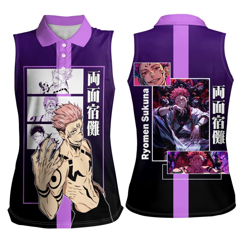 Ryomen Sukuna from Jujutsu Kaisen Women Sleeveless Polo Shirt with Purple Background and Multiple Poses Design - The Mazicc