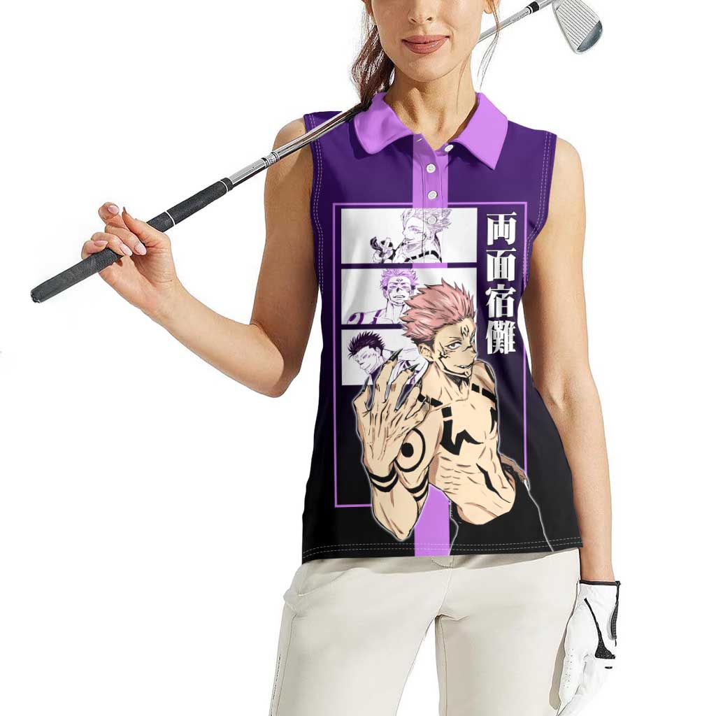 Ryomen Sukuna from Jujutsu Kaisen Women Sleeveless Polo Shirt with Purple Background and Multiple Poses Design - The Mazicc