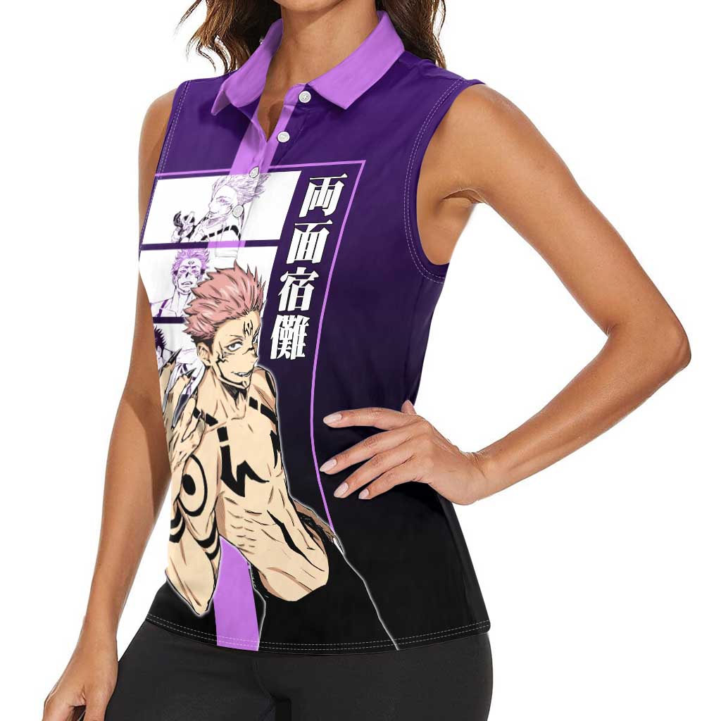 Ryomen Sukuna from Jujutsu Kaisen Women Sleeveless Polo Shirt with Purple Background and Multiple Poses Design - The Mazicc