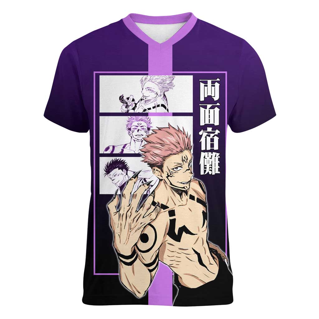 Ryomen Sukuna from Jujutsu Kaisen Women V-Neck T-Shirt with Purple Background and Multiple Poses Design - The Mazicc