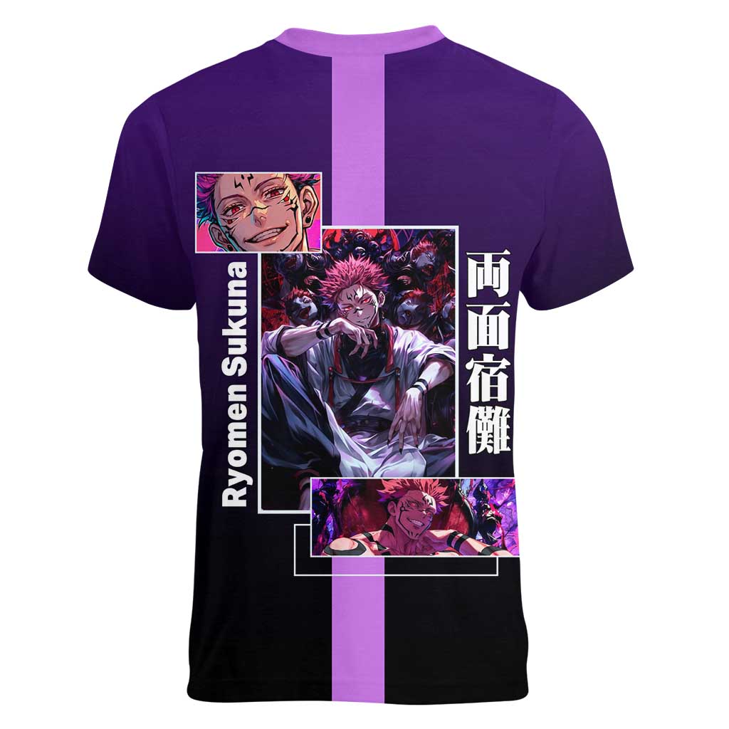 Ryomen Sukuna from Jujutsu Kaisen Women V-Neck T-Shirt with Purple Background and Multiple Poses Design - The Mazicc
