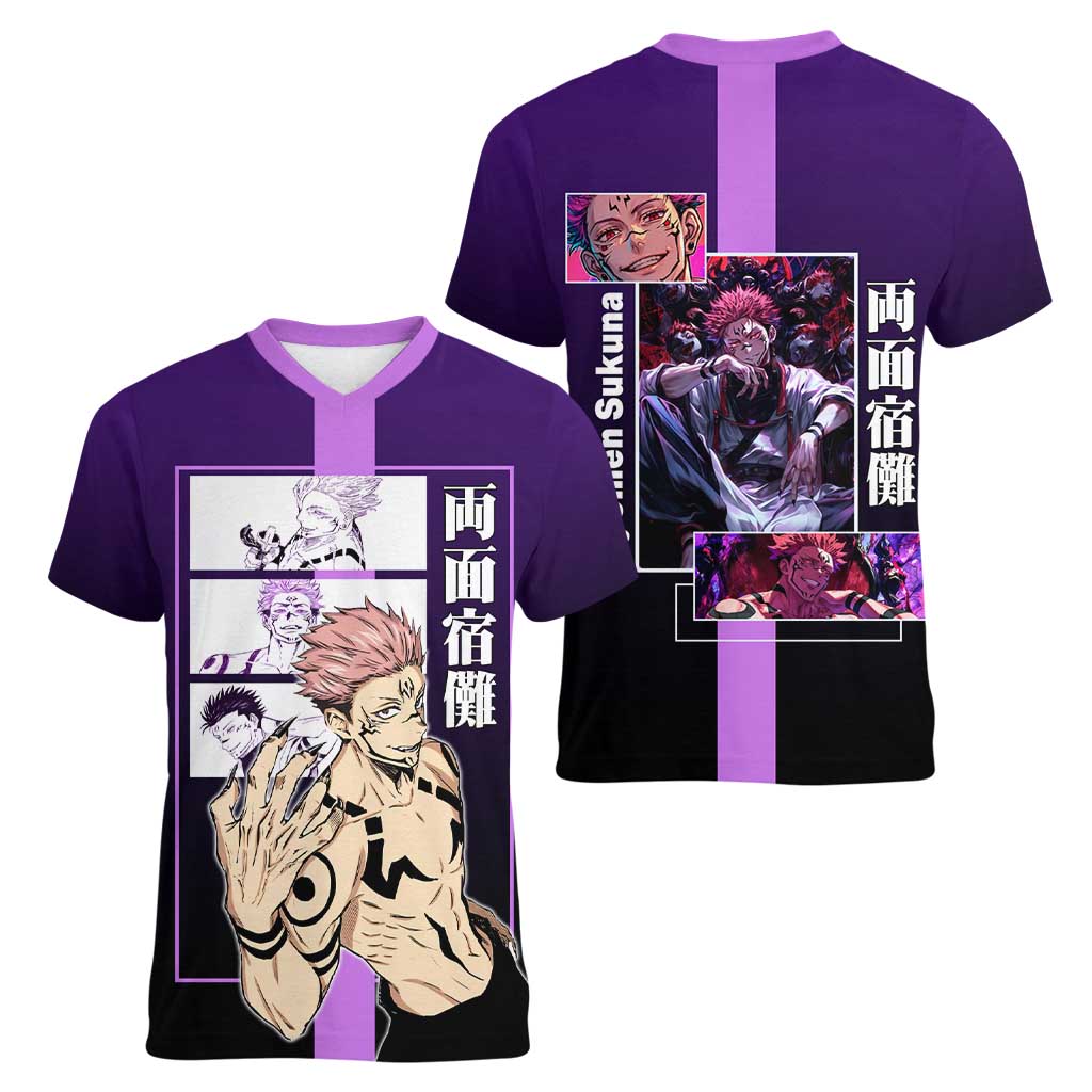 Ryomen Sukuna from Jujutsu Kaisen Women V-Neck T-Shirt with Purple Background and Multiple Poses Design - The Mazicc