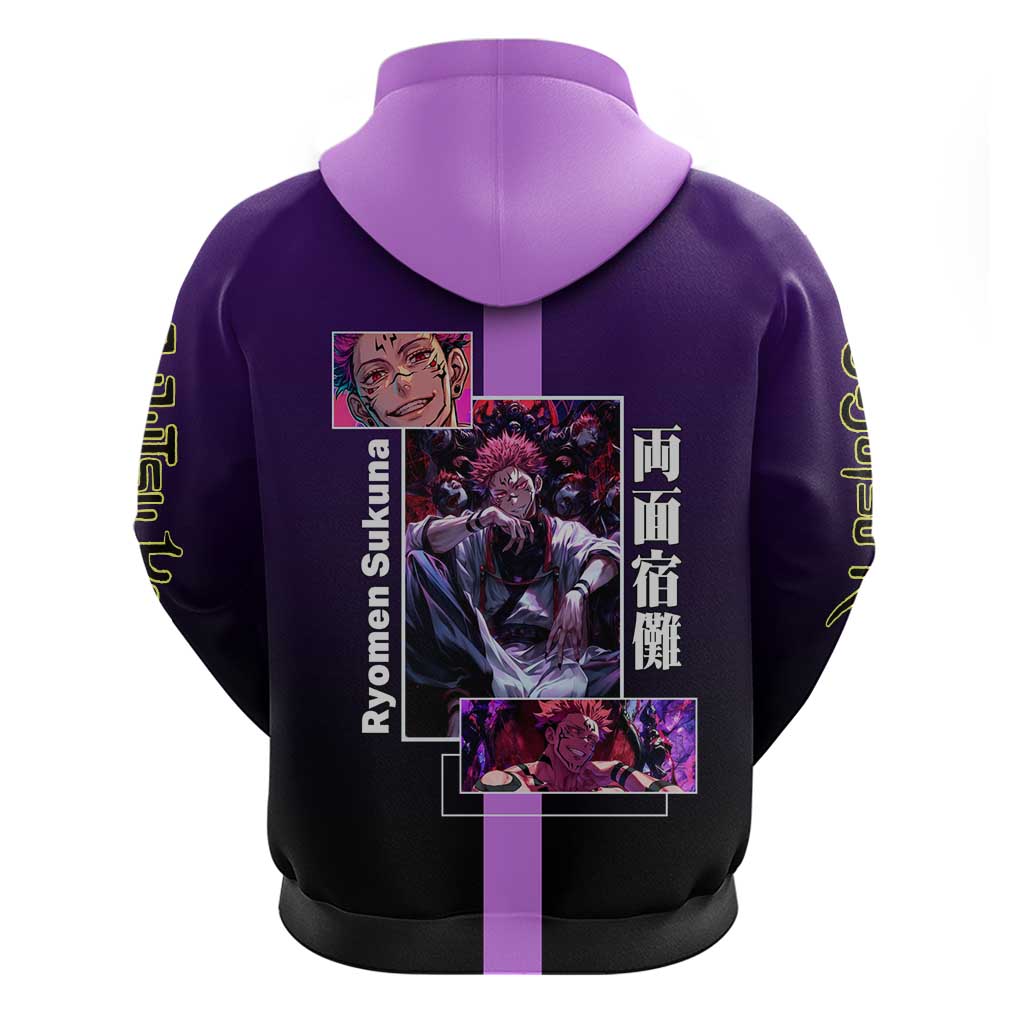 Ryomen Sukuna from Jujutsu Kaisen Zip Hoodie with Purple Background and Multiple Poses Design - The Mazicc