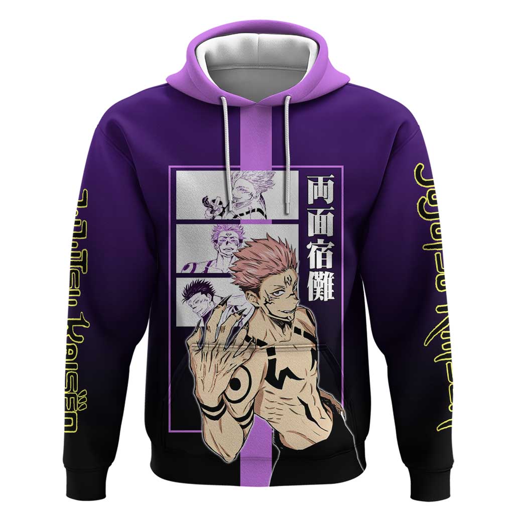 Ryomen Sukuna from Jujutsu Kaisen Zip Hoodie with Purple Background and Multiple Poses Design - The Mazicc