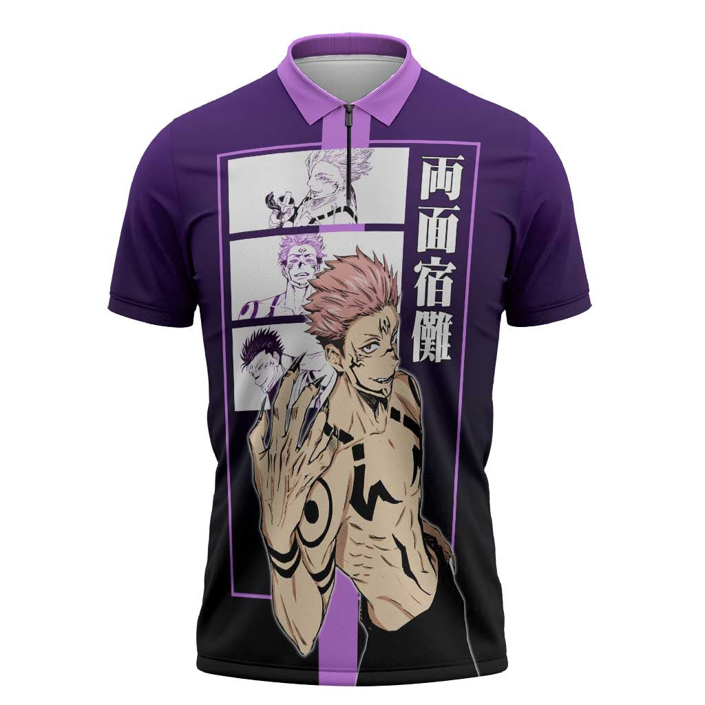 Ryomen Sukuna from Jujutsu Kaisen Zipper Polo Shirt with Purple Background and Multiple Poses Design - The Mazicc
