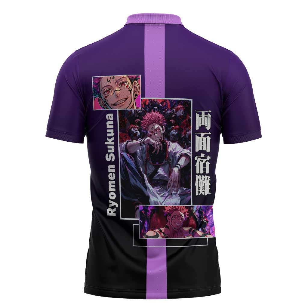 Ryomen Sukuna from Jujutsu Kaisen Zipper Polo Shirt with Purple Background and Multiple Poses Design - The Mazicc