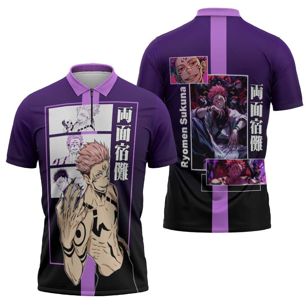 Ryomen Sukuna from Jujutsu Kaisen Zipper Polo Shirt with Purple Background and Multiple Poses Design - The Mazicc