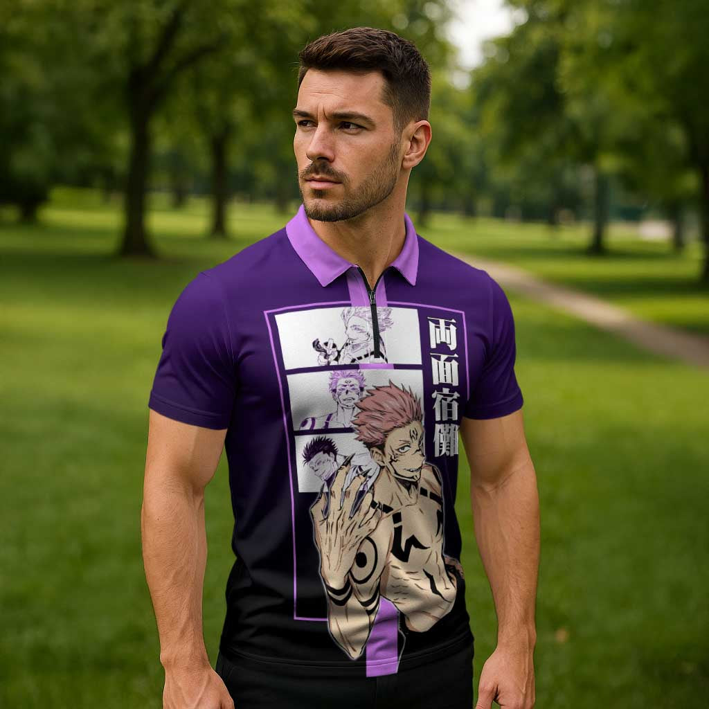 Ryomen Sukuna from Jujutsu Kaisen Zipper Polo Shirt with Purple Background and Multiple Poses Design - The Mazicc