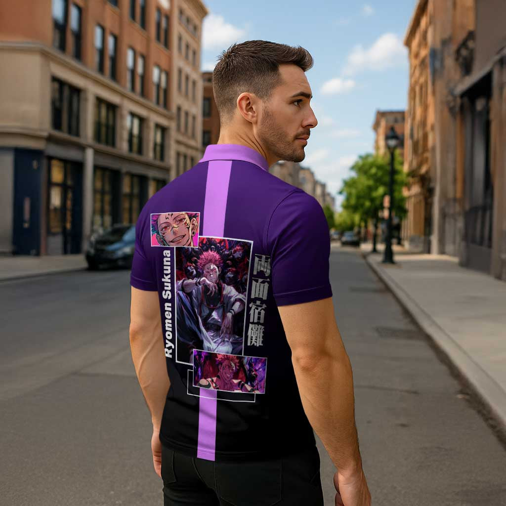 Ryomen Sukuna from Jujutsu Kaisen Zipper Polo Shirt with Purple Background and Multiple Poses Design - The Mazicc