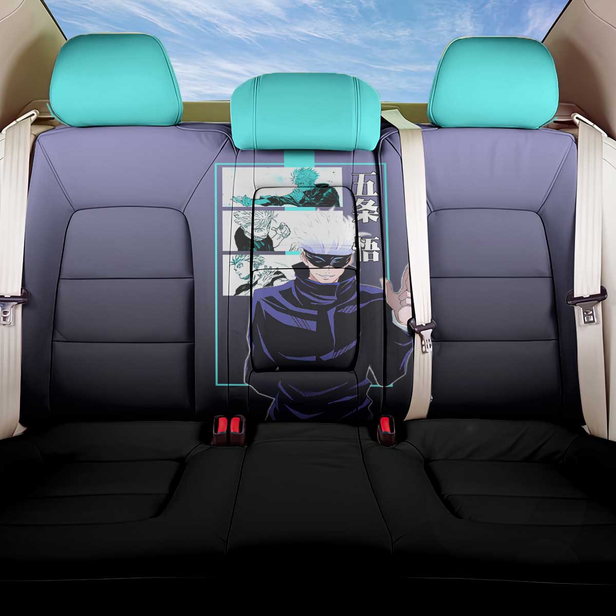 Satoru Gojo from Jujutsu Kaisen Back Car Seat Cover with Purple and Blue Background and Multiple Poses Design - The Mazicc