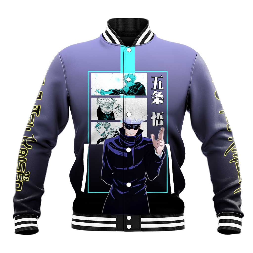Satoru Gojo from Jujutsu Kaisen Baseball Jacket with Purple and Blue Background and Multiple Poses Design - The Mazicc
