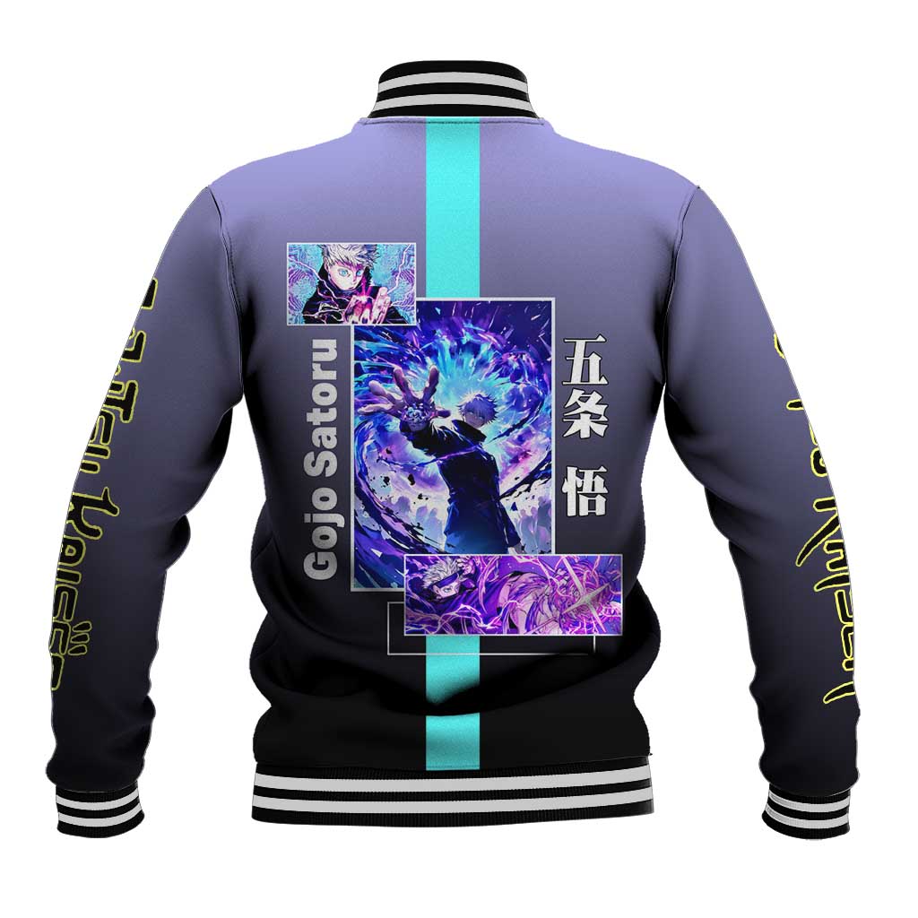Satoru Gojo from Jujutsu Kaisen Baseball Jacket with Purple and Blue Background and Multiple Poses Design - The Mazicc