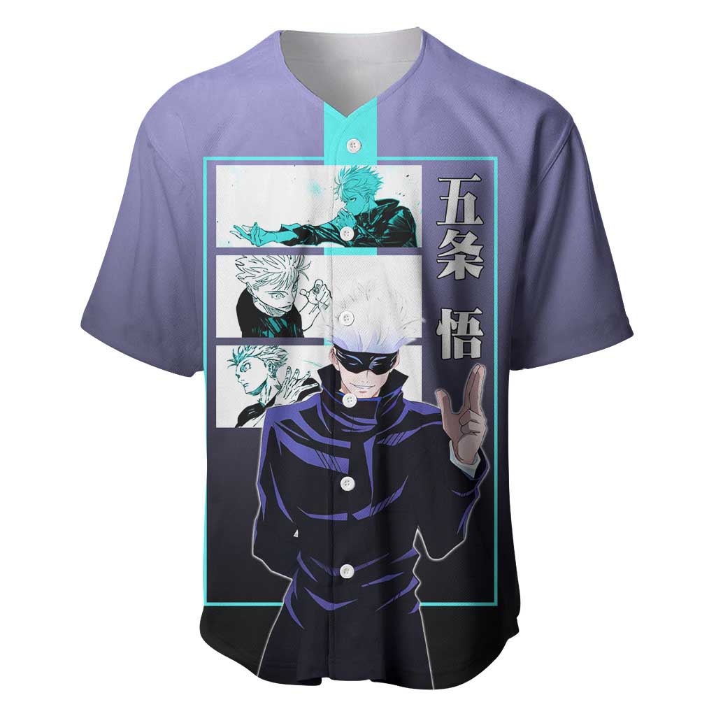Satoru Gojo from Jujutsu Kaisen Baseball Jersey with Purple and Blue Background and Multiple Poses Design - The Mazicc