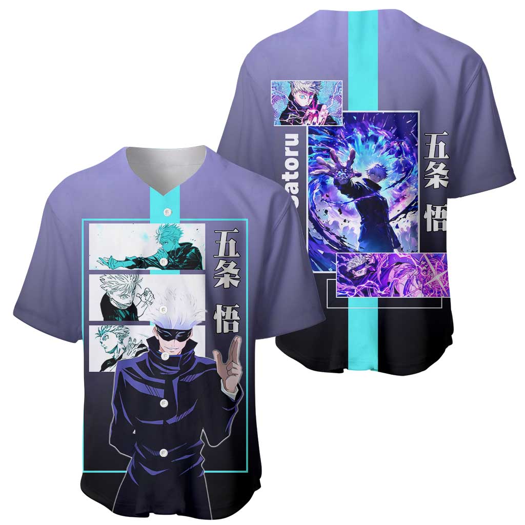 Satoru Gojo from Jujutsu Kaisen Baseball Jersey with Purple and Blue Background and Multiple Poses Design - The Mazicc