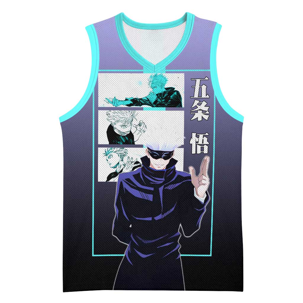Satoru Gojo from Jujutsu Kaisen Basketball Jersey with Purple and Blue Background and Multiple Poses Design - The Mazicc