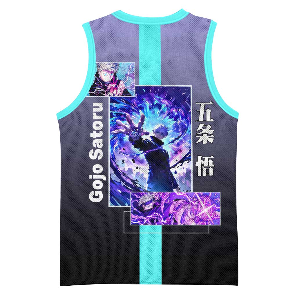 Satoru Gojo from Jujutsu Kaisen Basketball Jersey with Purple and Blue Background and Multiple Poses Design - The Mazicc