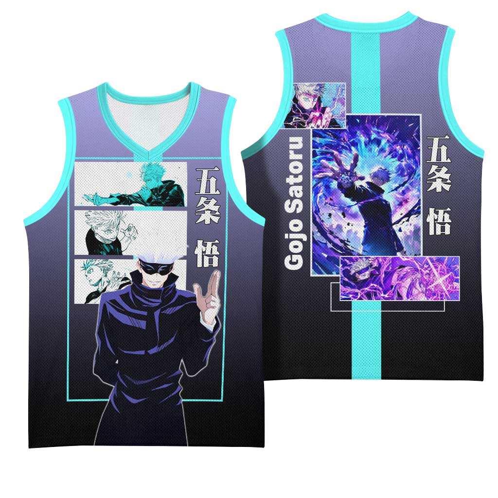 Satoru Gojo from Jujutsu Kaisen Basketball Jersey with Purple and Blue Background and Multiple Poses Design - The Mazicc