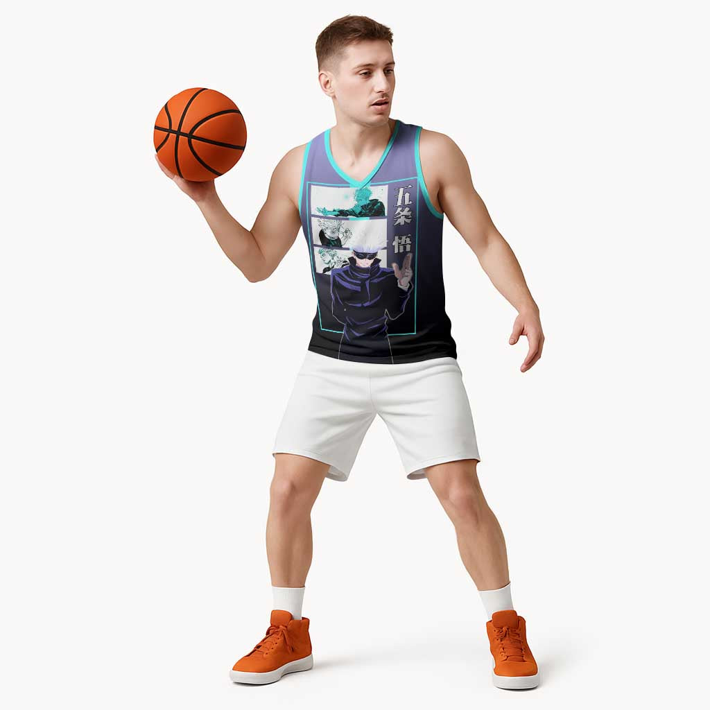 Satoru Gojo from Jujutsu Kaisen Basketball Jersey with Purple and Blue Background and Multiple Poses Design - The Mazicc
