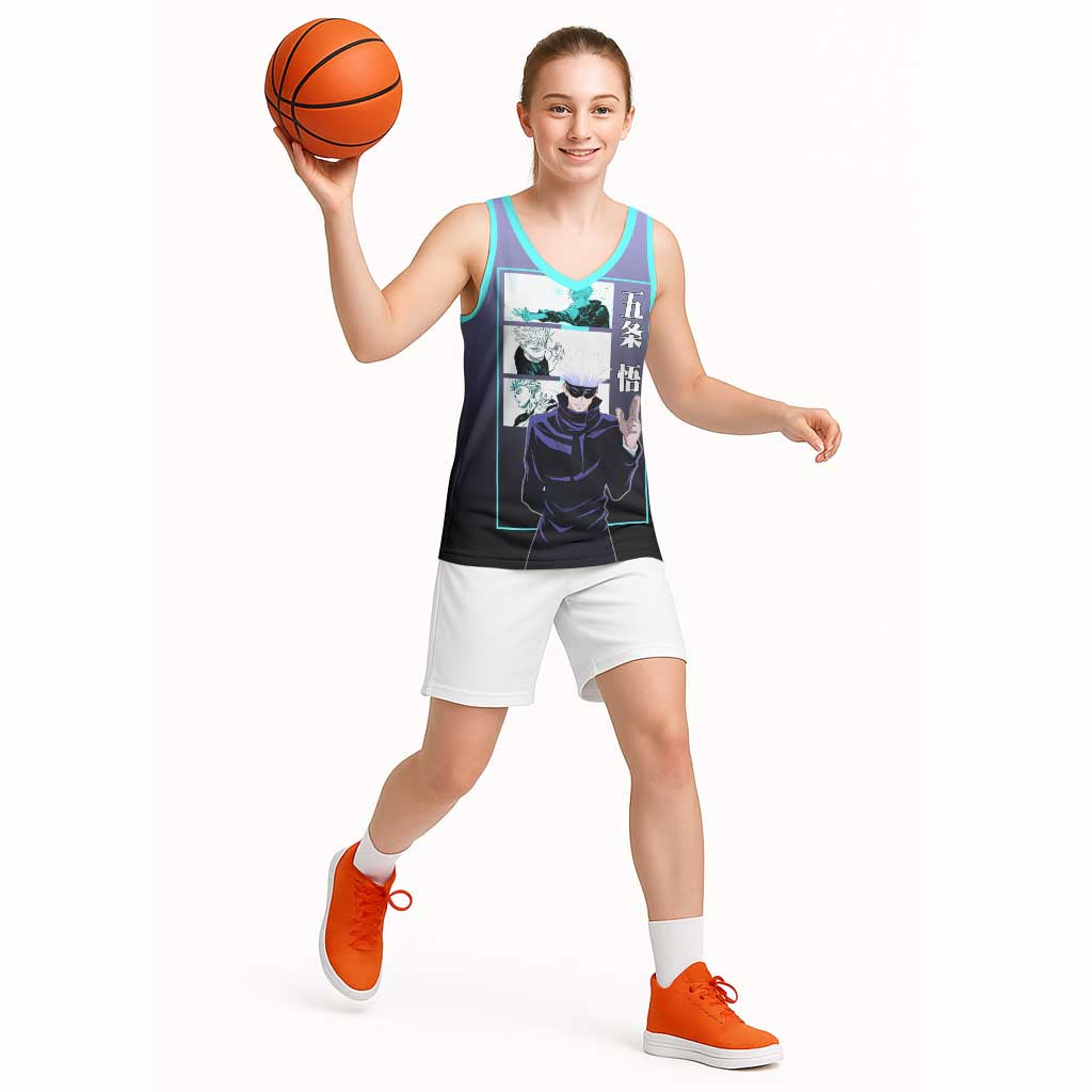 Satoru Gojo from Jujutsu Kaisen Basketball Jersey with Purple and Blue Background and Multiple Poses Design - The Mazicc