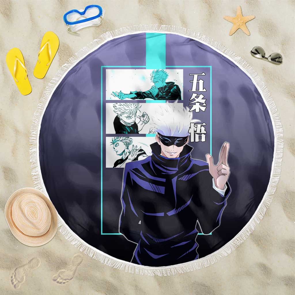 Satoru Gojo from Jujutsu Kaisen Beach Blanket with Purple and Blue Background and Multiple Poses Design - The Mazicc